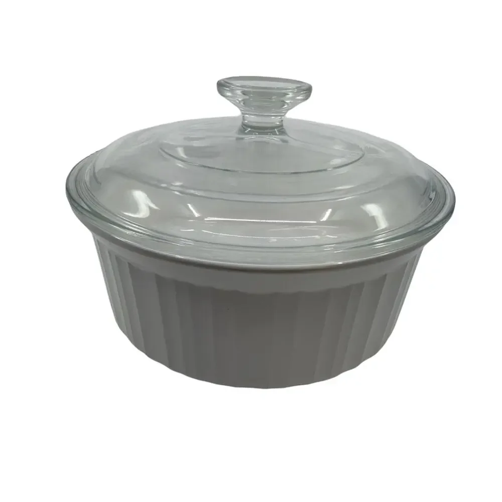 CorningWare French White F-5-B Round Casserole Dish w/Lid 1.6L Ribbed